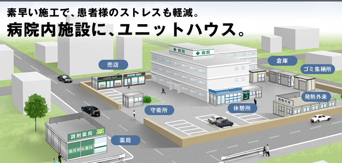 素早い施工で、患者様のストレスも軽減。 病院内施設に、ユニットハウス。